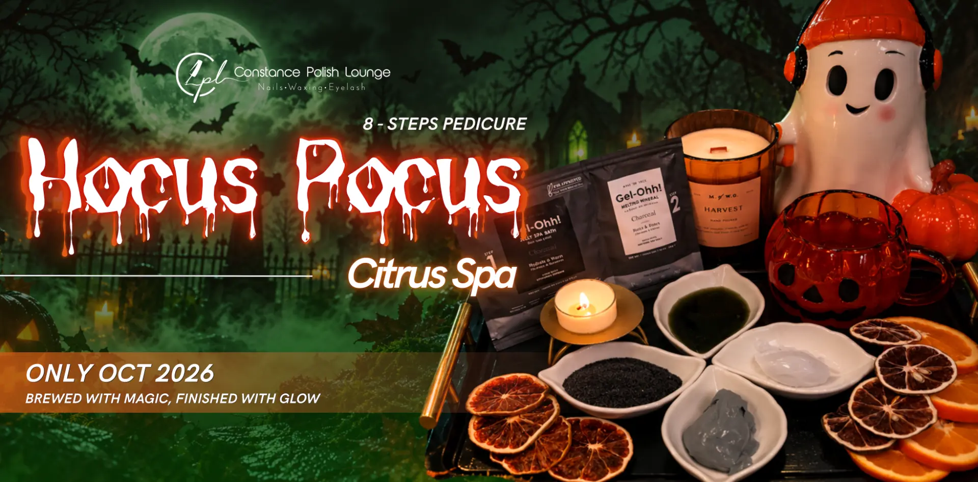 Hocus Pocus Citrus Spa - Halloween pedicure special at Constance Polish Lounge
