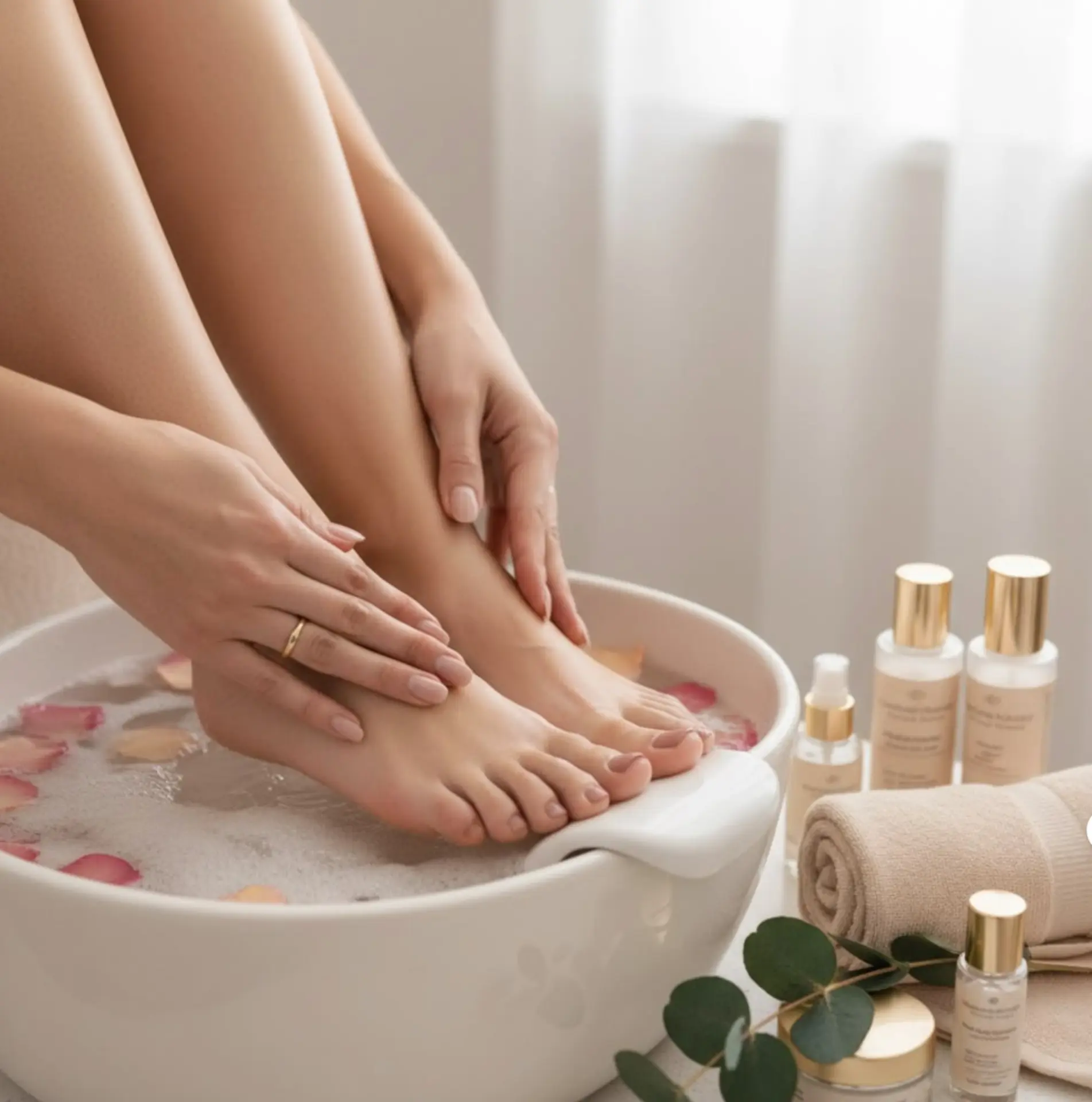 Feet resting in a floral pedicure bath