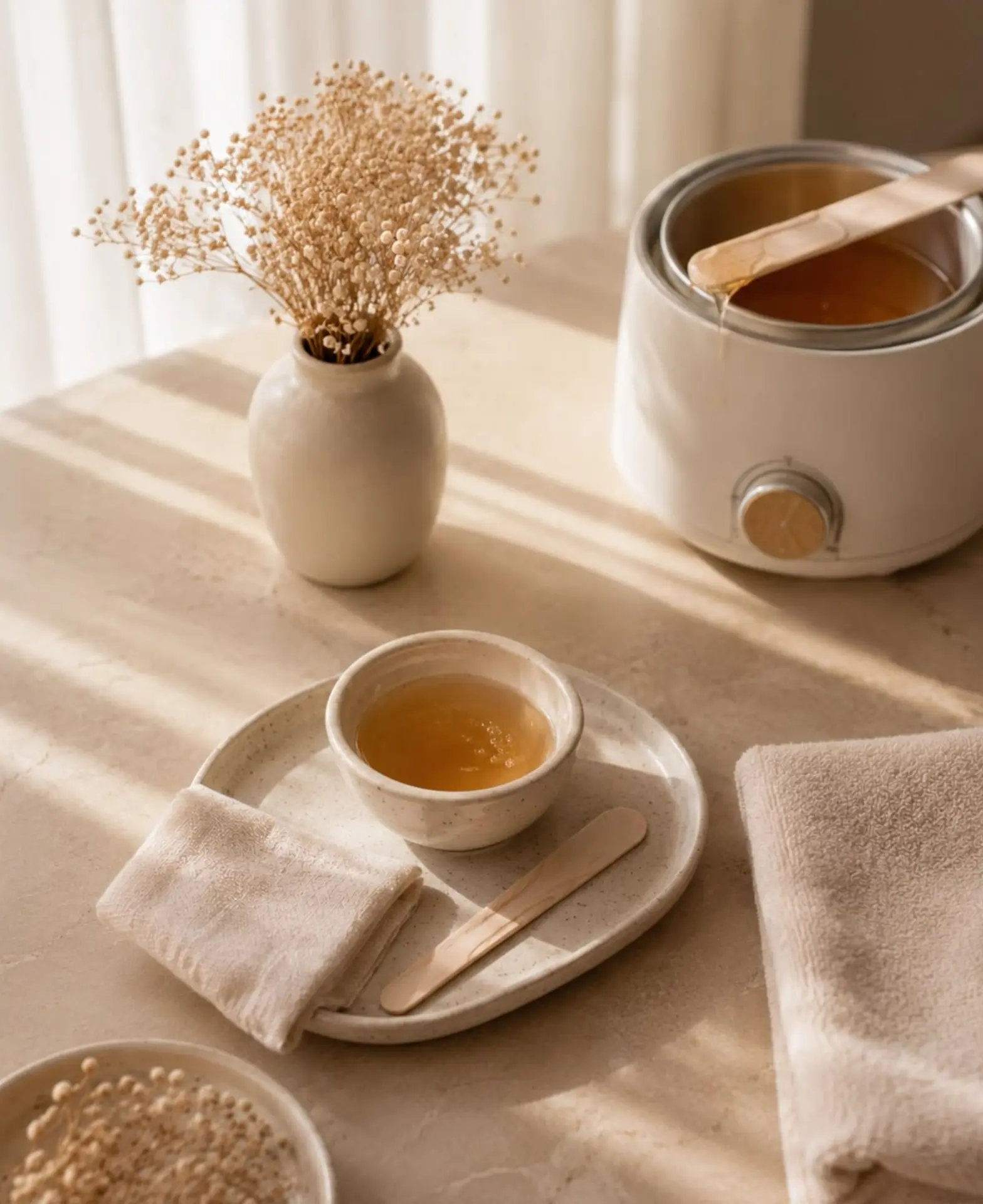 Minimalist spa waxing setup with folded towels