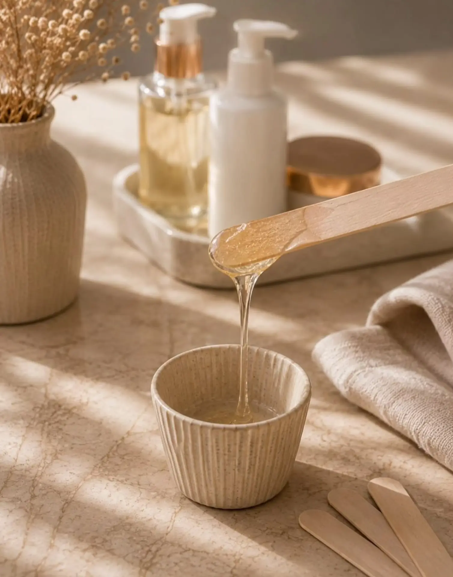 Warm honey-toned wax on a wooden spatula